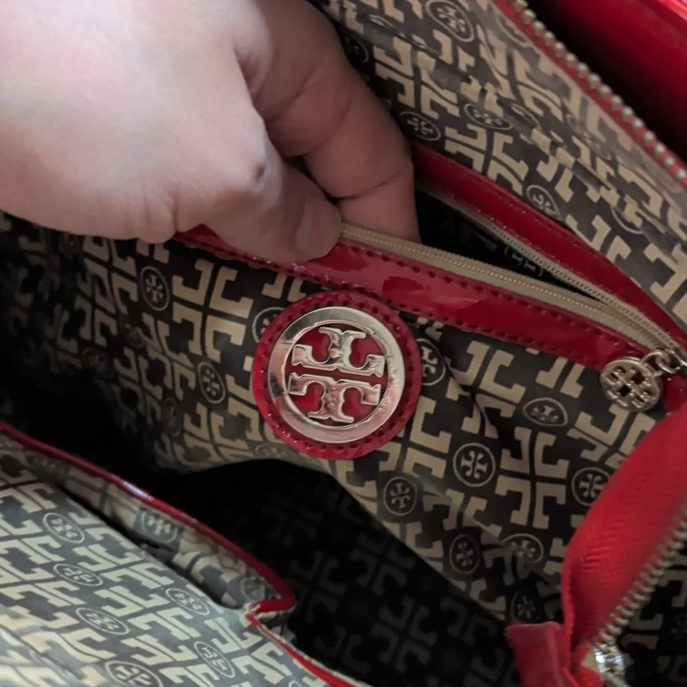 Tory Burch Ella Patent Red Yellow Perforated Tote Bag NEEDS WORK